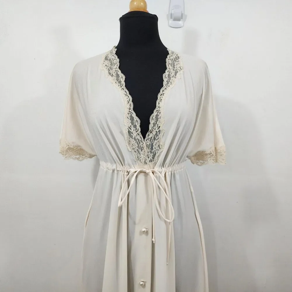 Vintage Shadowline Ivory Nylon Lace Button Front Robe Tie Waist Flare Sleeve SML